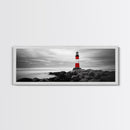 Lighthouse Coastline, Red Beacon, Stormy Sea, Black and White Landscape, Framed Canvas Print, Nautical Decor, Office Wall Art, Modern Style