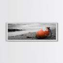 Beach Buoy, Coastal Drift, Orange Marker, Tidal Shore, Framed Canvas Print, Bathroom Wall Decor, Nautical Minimalism, Modern Ocean Art