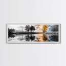 Surreal Reflection, Tree Silhouettes, Split Sky, Framed Canvas Print, trippy landscape art, black and white dreamy wall decor