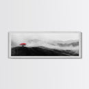 Lone Red Tree, Misty Hills, Minimalist Landscape, Framed Canvas Print, serene bedroom wall art, abstract black and white decor