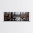 Autumn Forest Stream, Bare Trees, Orange Leaves, Framed Canvas Print, Fall Wall Art, Cozy Nature Scene, Entryway Decor