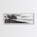 Red Jacket Wanderer, Moody Coastal Cliff Scene, Monochrome Photography, Framed Canvas Print, Modern Minimalist Office Wall Art