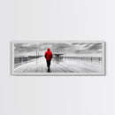 Red Jacket Walk, Rainy Boardwalk Scene, Urban Solitude, Moody Landscape Photography, Canvas Print, Entryway Wall Art, Minimalist Decor