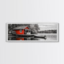 Lakeside Cabin Red, Boat House Retreat, Serene Waterfront, Autumn Color Pop, Canvas Print, Cozy Living Room Wall Art, Nature Home Decor
