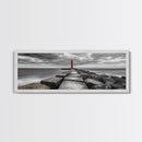 Red Lighthouse Coast, Seaside Rock Jetty, Stormy Sky Mood, Nautical Beacon View, Canvas Print, Bathroom Wall Art, Coastal Modern Decor