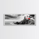 Coastal Lighthouse, Ocean Cliffs, Red Roof, Nautical Beacon, Framed Canvas Print, Bathroom Wall Art, Minimalist Coastal Decor, Seaside Vibe