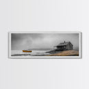 Foggy Lake, Yellow Boat, Rustic Cabin, Coastal Calm, Framed Canvas Print, Autumn Wall Art, Bedroom Decor, Minimalist Nature Photography