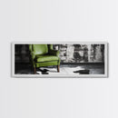 Green Leather Chair, Industrial Urban Scene, Chic Lounge Interior, Framed Canvas Print, Modern Wall Art, Man Cave Office Decor