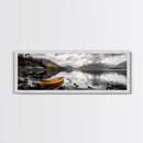 Golden Rowboat Reflections, Lake Mountain Art, Scenic Boat Landscape, Framed Canvas Print, Coastal Wall Art, Fall Living Room Decor