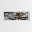 Twisted Desert Tree, Rocky Canyon Art, Dramatic Sky Nature Scene, Framed Canvas Print, Rustic Wall Decor, Moody Western Home Aesthetic