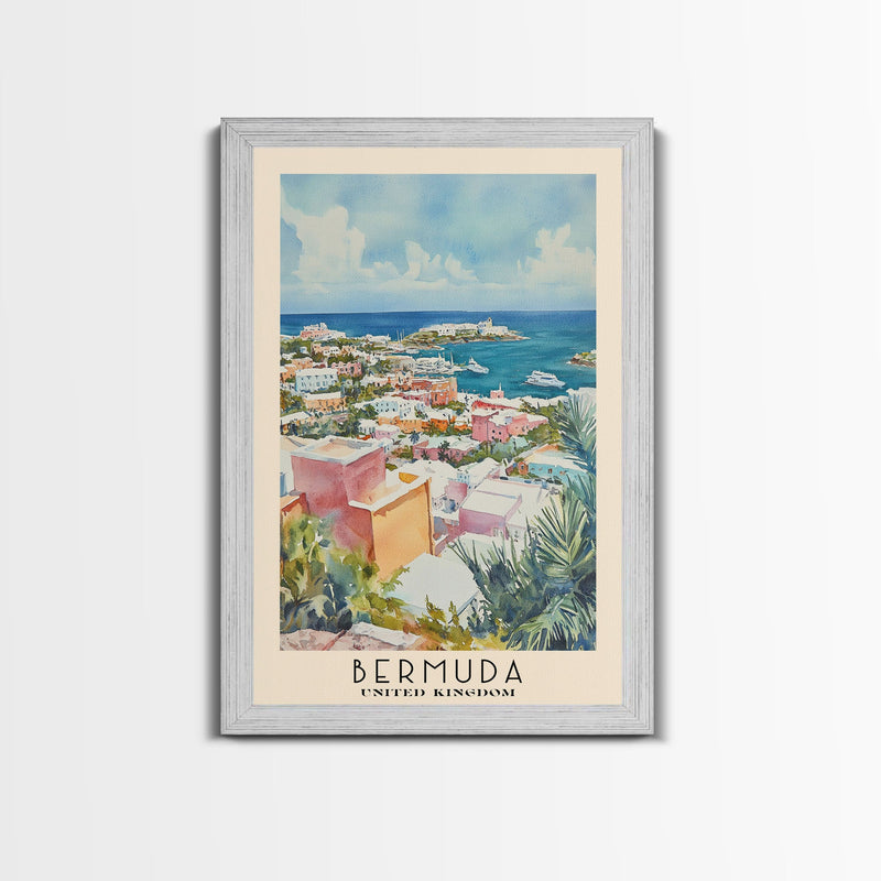 Bermuda, United Kingdom Watercolor Beach Print, Vacation Gift, United Kingdom Wall Art, Framed Canvas Print, Framed Beach Painting