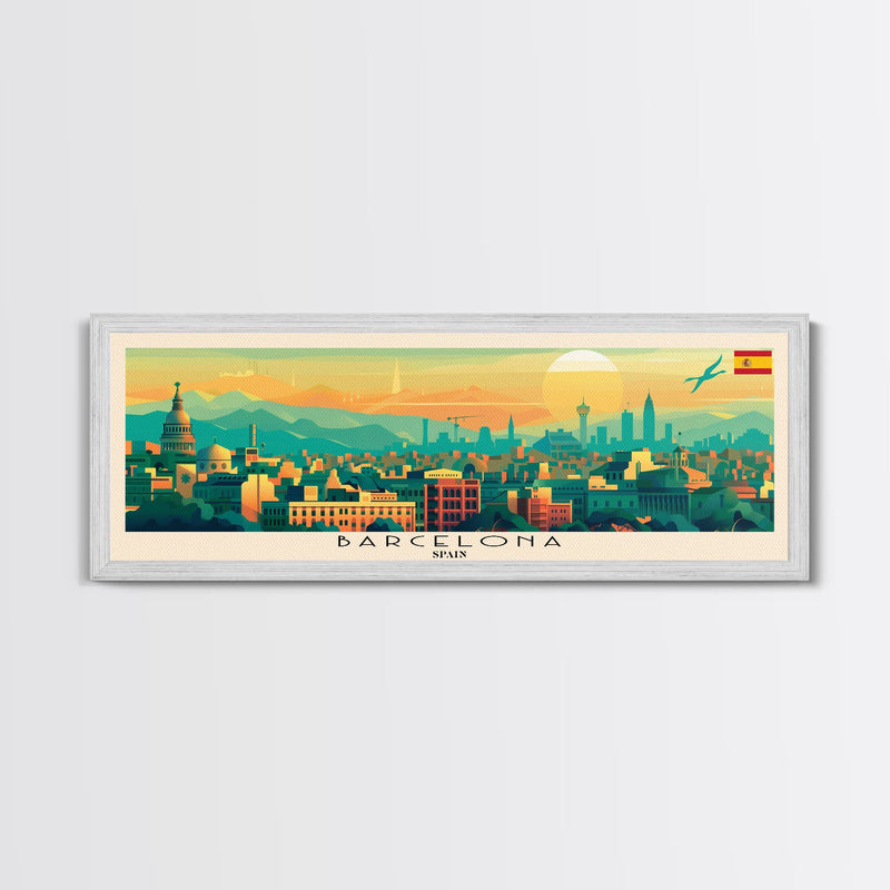 Barcelona Spain Travel Print Wall Art, Panoramic City Art, Travel Art, Wall Decor, Vacation Gift, Framed Canvas Print Or Metal Art