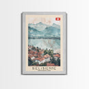 Biel/Bienne Switzerland Travel Poster Framed Canvas Print, Watercolor Painting, Wall Art, Home Decor, Scenic Travel Print
