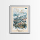 Dnipro Ukraine Urban Landscape Framed Canvas Print, Watercolor Travel Poster, Eastern European Wall Art, Elegant Home Decor, Retro Cityscape Art, Living Room Accent