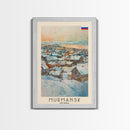 Murmansk Russia Travel Poster Framed Canvas Print, Coastal Cityscape, Watercolor Painting, Wall Art, Home Decoration, Travel Print, Unique Gift