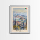 Perugia Italy Travel Poster Framed Canvas Print, Watercolor Painting, Scenic Wall Art, Home Decor, Italian Cityscape, Classic Art