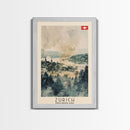 Zurich Switzerland Travel Poster Framed Canvas Print, Watercolor Painting, Urban Wall Art, Home Decor, Swiss Cityscape, Elegant Gift