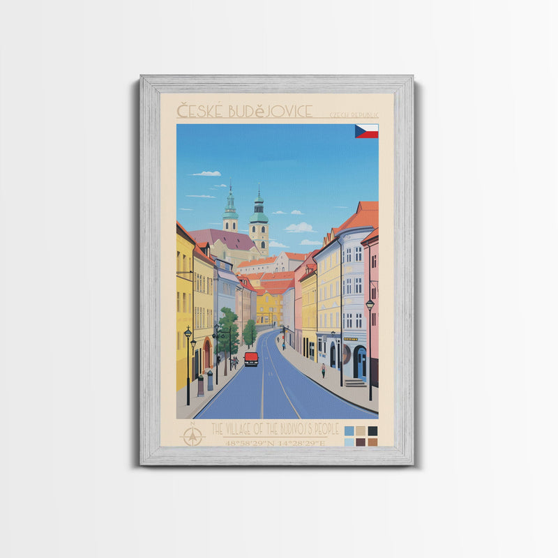 ÄŒeskÃ© BudÄ›jovice Czech Republic Travel Poster Framed Canvas Print, Midcentury Modern Art, Pop Art Decor, Living Room Wall Art