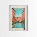 Milan Italy Travel Poster Framed Canvas Print, Midcentury Modern Art, Pop Art Wall Decor, Scenic Bedroom Art, Office Decoration