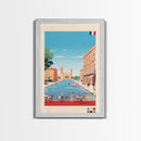 Nimes France Travel Poster Framed Canvas Print, Midcentury Modern Art, Pop Art Wall Decor, Scenic Living Room Art, Bedroom Gift