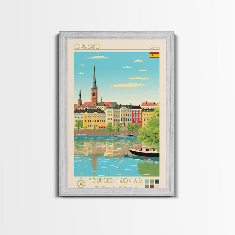 Ã–rebro Sweden Travel Poster Framed Canvas Print, Midcentury Modern Art, Pop Art Wall Decor, Living Room Art, Home Decoration