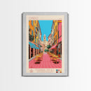 Oviedo Spain Travel Poster Framed Canvas Print, Midcentury Modern Art, Pop Art Wall Decor, Scenic Wall Art, Bedroom Decoration