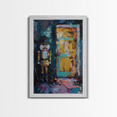 Nutcracker at Spooky Door Framed Canvas Print, Haunted Nutcracker Decor, Halloween Toy Art, Eerie Door Wall Art, Creepy Nutcracker Print