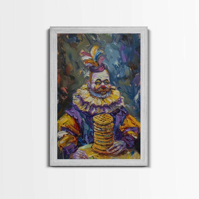 Whimsical Clown with Pancakes Framed Canvas Print | Halloween Circus Art | Spooky Clown Decor | Fun Circus Clown Art for Home Decoration