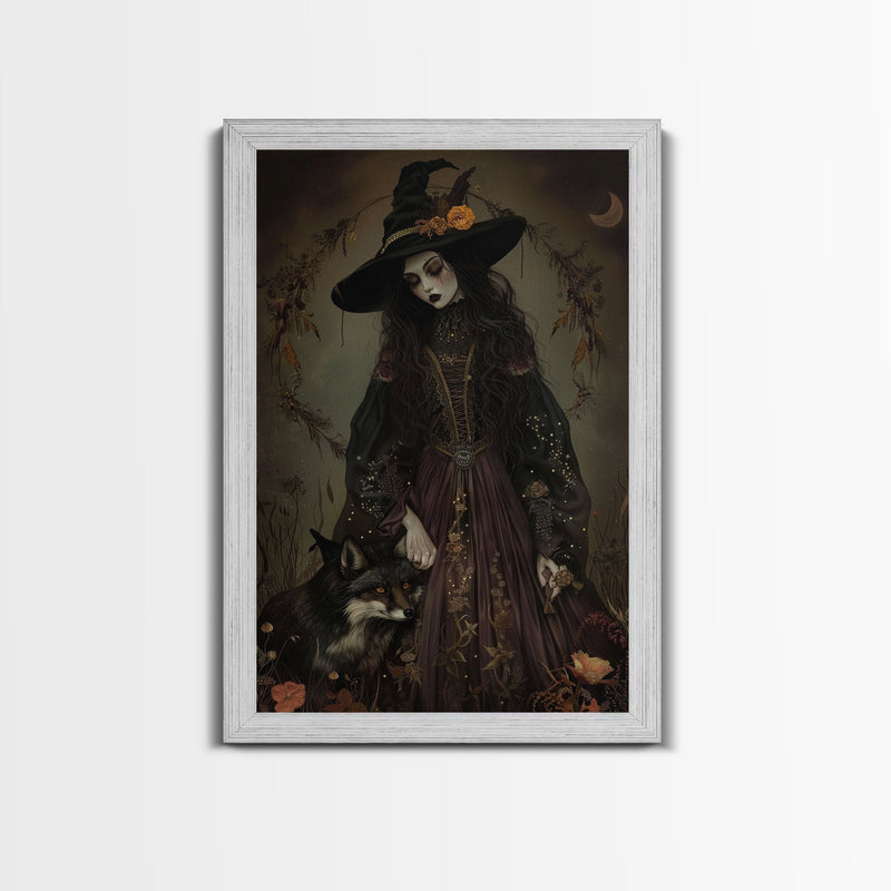 Witch and Fox Framed Canvas Print, Melancholic Witch Painting, Halloween Decor, Witchy Art, Spooky Vibes, Moody Decor