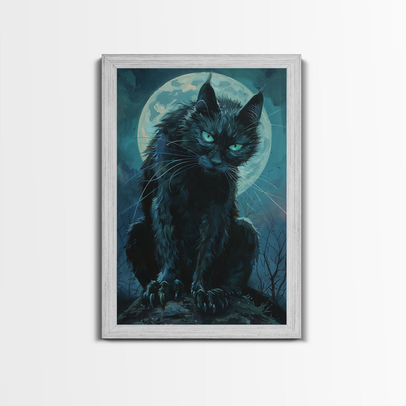 Black Cat with Piercing Eyes Against Full Moon | Halloween Wall Art | Spooky Home Decor | Creepy Black Cat Painting | Framed Canvas Print