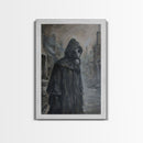 Plague Doctor in Abandoned Town | Halloween Wall Art | Spooky Home Decor | Creepy Plague Doctor Painting | Framed Canvas Print