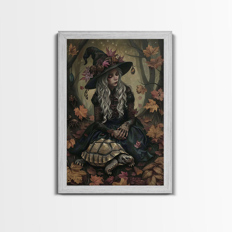 Witch with Turtle in Autumn Forest - Halloween Wall Art - Spooky Home Decor - Unique Witch Painting - Halloween Gift for Nature Lovers