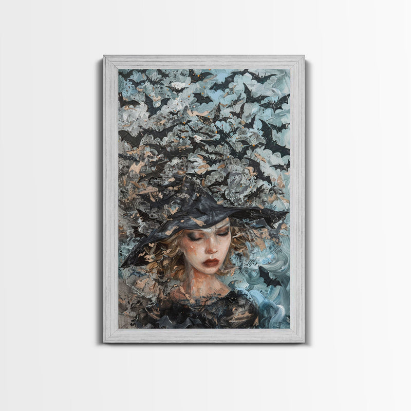 Witch in Bat Swarm - Spooky Halloween Wall Art - Creepy Home Decor - Witch and Bats Painting - Perfect Halloween Decoration