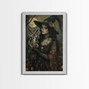 Mysterious Witch with Owl Companion - Moonlit Enchantment, Mystical Beauty Framed Canvas Print, Halloween Wall Art