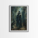 Ghostly Figure in Victorian Attire - Eerie Night Stalker Gothic Art Framed Canvas Print, Halloween Haunted House Decor