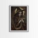 Witch Holding Snake under Full Moon - Dark Forest Sorcery Gothic Art Framed Canvas Print, Halloween Witchy Decor