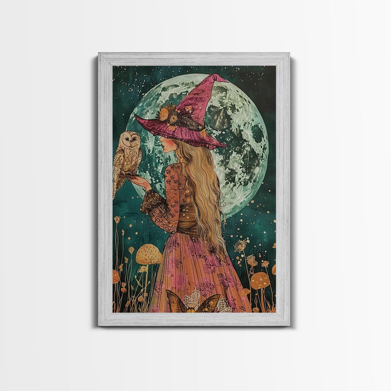 Witch in Purple Hat with Owl - Moonlit Enchantment Mystical Beauty Framed Canvas Print, Halloween Witch Decor