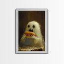 Cute Ghost Chompin on A Hot Dog, Ghostly Hot Dog Thief, Framed Canvas Print, Funny Halloween Spooky Season Art