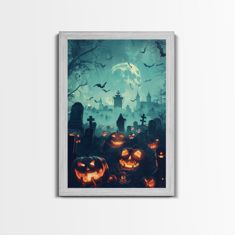 Bats and Jack-O-Lanterns Framed Canvas Print, Halloween Wall Art, Haunted Graveyard, Home Decor, Spooky Art, Living Room Decor, Gothic Art