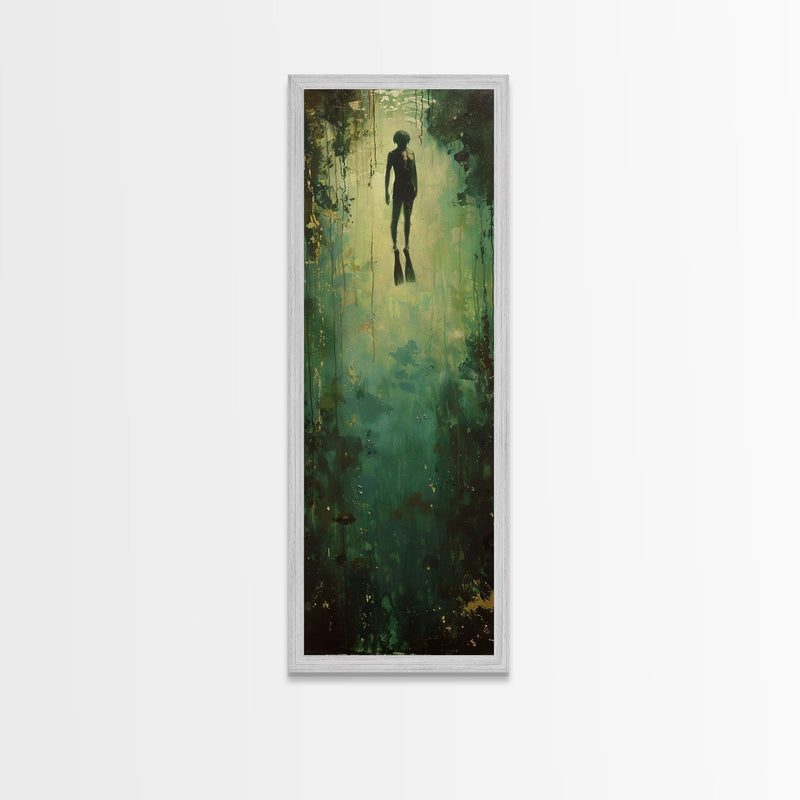 Abstract Canvas Painting of Underwater Diver, Modern Framed Wall Art, Dark Wall Art for Living Room, Tall and Narrow Wall Art Print