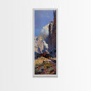 Wild West Art Print of Train in Mountains, Vertical Art, Landscape Art, Western Art, Narrow Wall Art Framed on Canvas, Desert Botanical Art