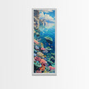 Tall and Narrow Vibrant Coral Reef Coastal Art Framed on Canvas, Ocean Painting, Tropical Coast Wall Art, Modern Art Print for Living Room