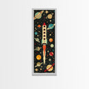 Space Exploration Art with Planets - Framed Canvas Print, Midcentury Modern Skinny Art, Tall Wall Art for Living Room or Bedroom Decor