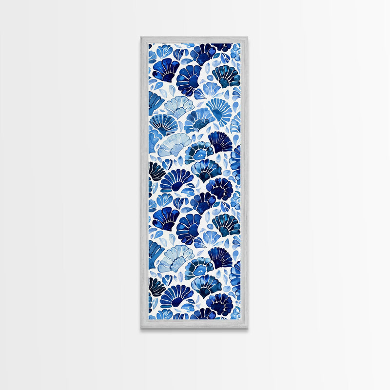 Blue and White Floral Pattern on White Background - Framed Canvas Print, Boho Art, Skinny Art, Tall Art, Midcentury Modern Art, Bedroom Wall Decor