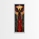 Red and Gold Phoenix Design on Geometric Background - Framed Canvas Print, Midcentury Modern Art, Skinny Art, Tall Art, Living Room Wall Decor, Boho Art