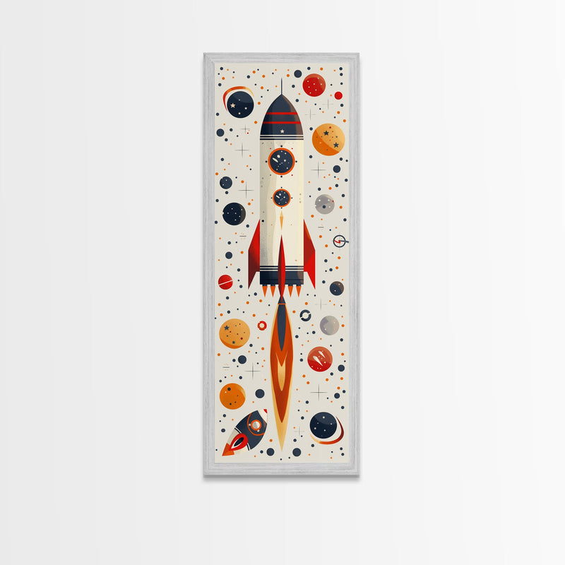 Art Deco Rocket Ship Atomic Age Wall Art, Retro MCM Inspired Framed Canvas Print, Mid-century Modern Nursery Decor