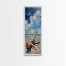 Framed Canvas Print Tall Art Featuring a Piece of Driftwood on a Sandy Beach with Bright Blue Sky and Ocean Waves, Ideal Skinny Art for Coastal Homes