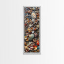 Framed Canvas Print Skinny Art of a Variety of Colorful Seashells Arranged in a Textured Pattern, Perfect Tall Art for Beach Themed Rooms