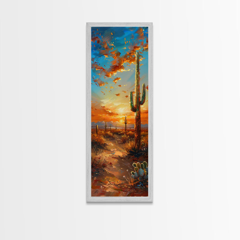 Arizona Desert Landscape with Saguaro Cactus at Sunset on a Framed Canvas Print Skinny Art Piece