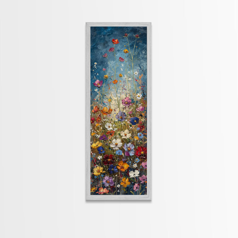 Wildflowers Blooming Against a Dramatic Sky in a Lush Meadow on a Framed Canvas Print Tall Art Piece